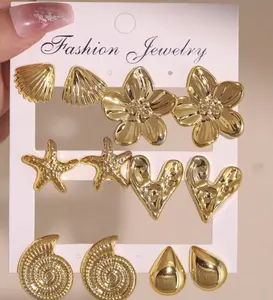1/6 Pairs Fashionable Gold Shell, Seashell, Starfish, 5-Petal Flower, Heart, Water Drop Shaped Earrings Set, Suitable For Women's Daily Wear