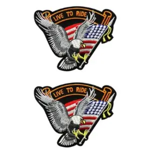 Live to Ride Silver Eagle USA Flag Biker MC Patch (Iron on Sew on 4 inch) 2 Piece for Jackets, Backpacks, Tactical Gears.