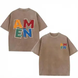 AMEN classic letter header T-shirt for men and women, vintage distressed, 230 g washed cotton, casual fit, “God bless you,” regular cotton/washed cotton, faith Christian patriotic design, menswear