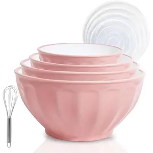 Mixing Bowls with Lids Set,4 Piece Large Plastic Nesting Bowls,Includes 4 Microwave safe Mixing Bowl and An Egg Whisk for Kitchen Prepping,Baking,Cooking Food, Pink