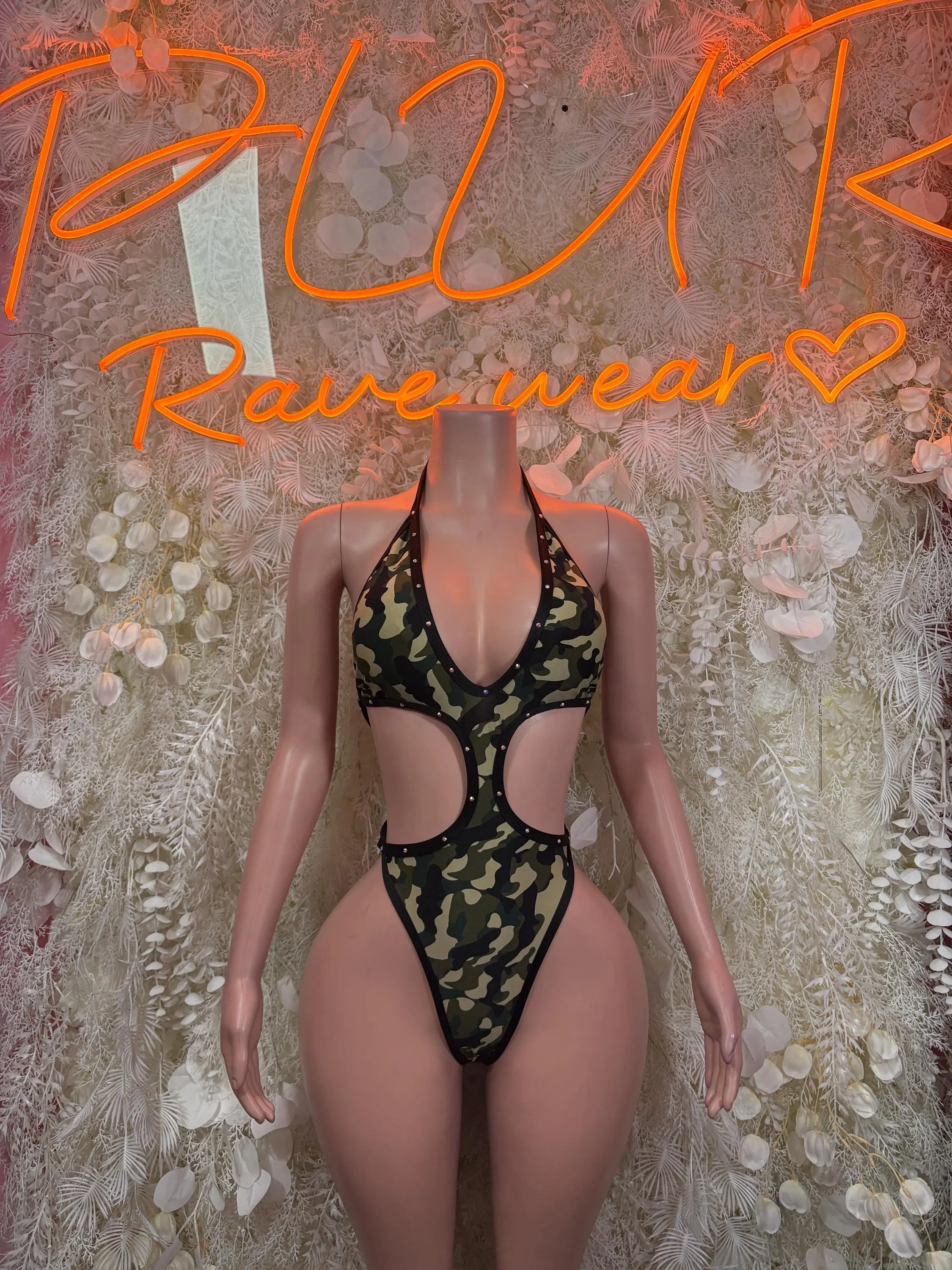 Exotic Dancewear  - One Piece Camo Print Bodysuit  Festival Outfit, EDM Dancewear, Party Clubwear