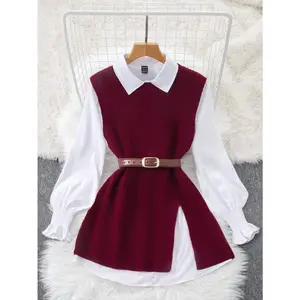 Women's solid color round neck side split hem casual knitted vest