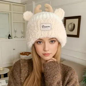 Hot Sale Women Cute Plush Fur Warm Winter Hat Young Trendy Knitted Hat With Deer Horn Ear Girls Lovely Elegant Fur Winter Cap
