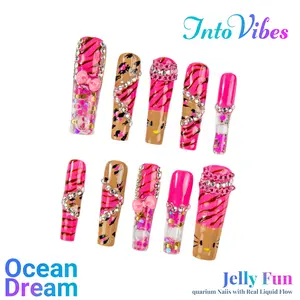 Neon “Kitty Stripe” Aquarium acrylic press on nails – Dopamine Pink Liquid Core Square Kawaii Summer Nails Glam Pack Glitter Iridescent Shimmer 10PCS St. Patrick’s Day Nails Fresh Green Nails Easter Summer