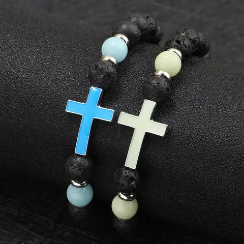 Men's glow in the dark cross bracelet, vintage volcanic stone elastic beaded bracelet for men and women