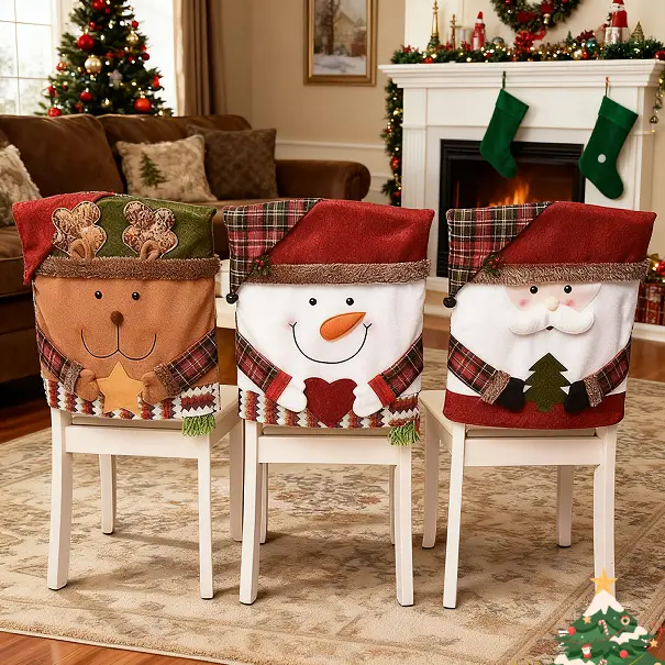 Christmas Themed Chair Cover, 1 Count Cute Snowman/Elk Design Chair Slipcover, Festive Decoration for Home Living Room Bedroom Dining Room, Washable Slipcover, Dining Chair Protector