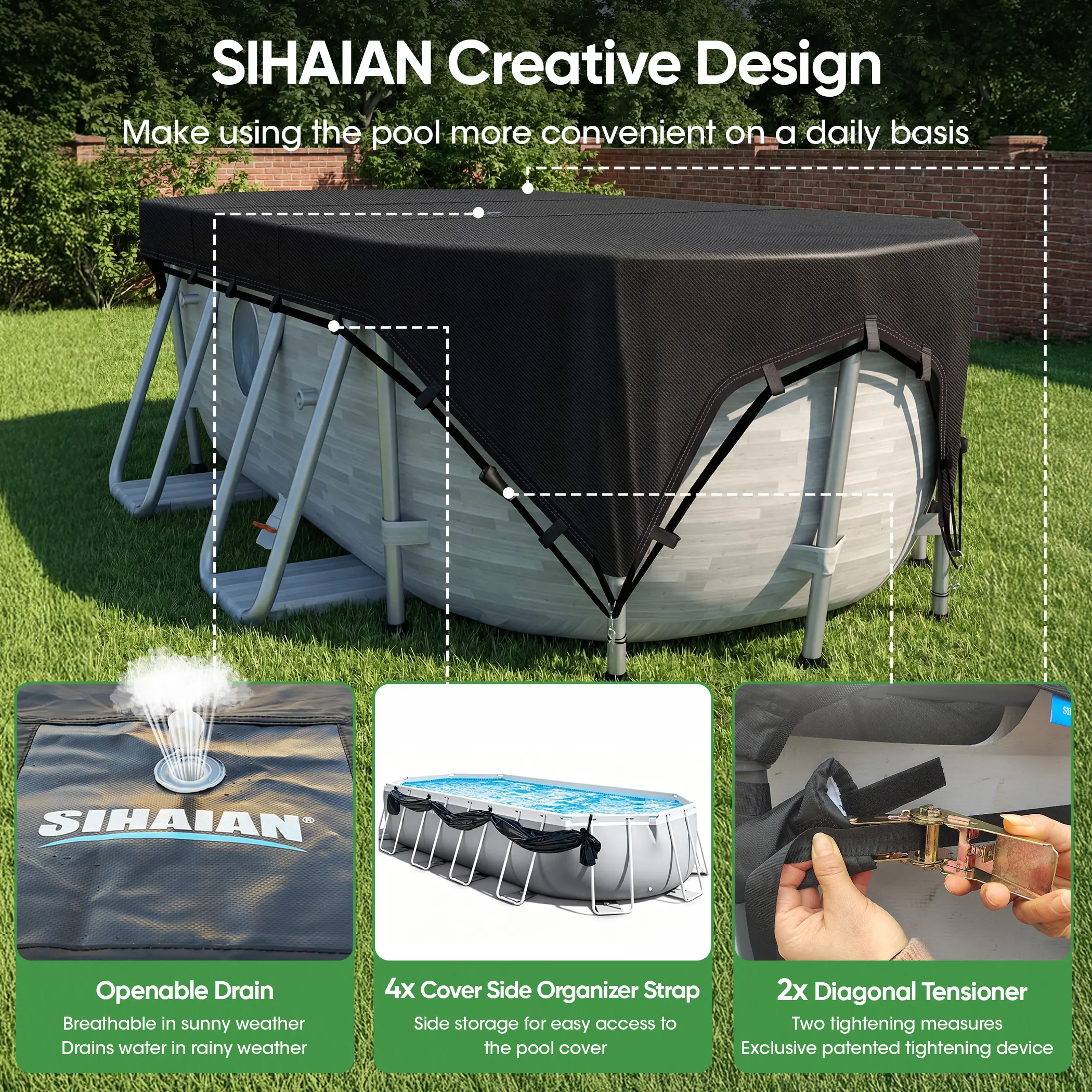 SIHAIAN Oval Pool Cover Patented Design Four-Corner Locking 500D Rectangular and Oval Pool Cover, Prevent Water Accumulation Pool Cover for Oval Above Ground Pool with 4 Storage Straps