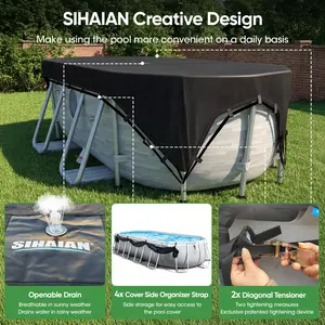 SIHAIAN Oval Pool Cover Patented Design Four-Corner Locking 500D Rectangular and Oval Pool Cover, Prevent Water Accumulation Pool Cover for Oval Above Ground Pool with 4 Storage Straps