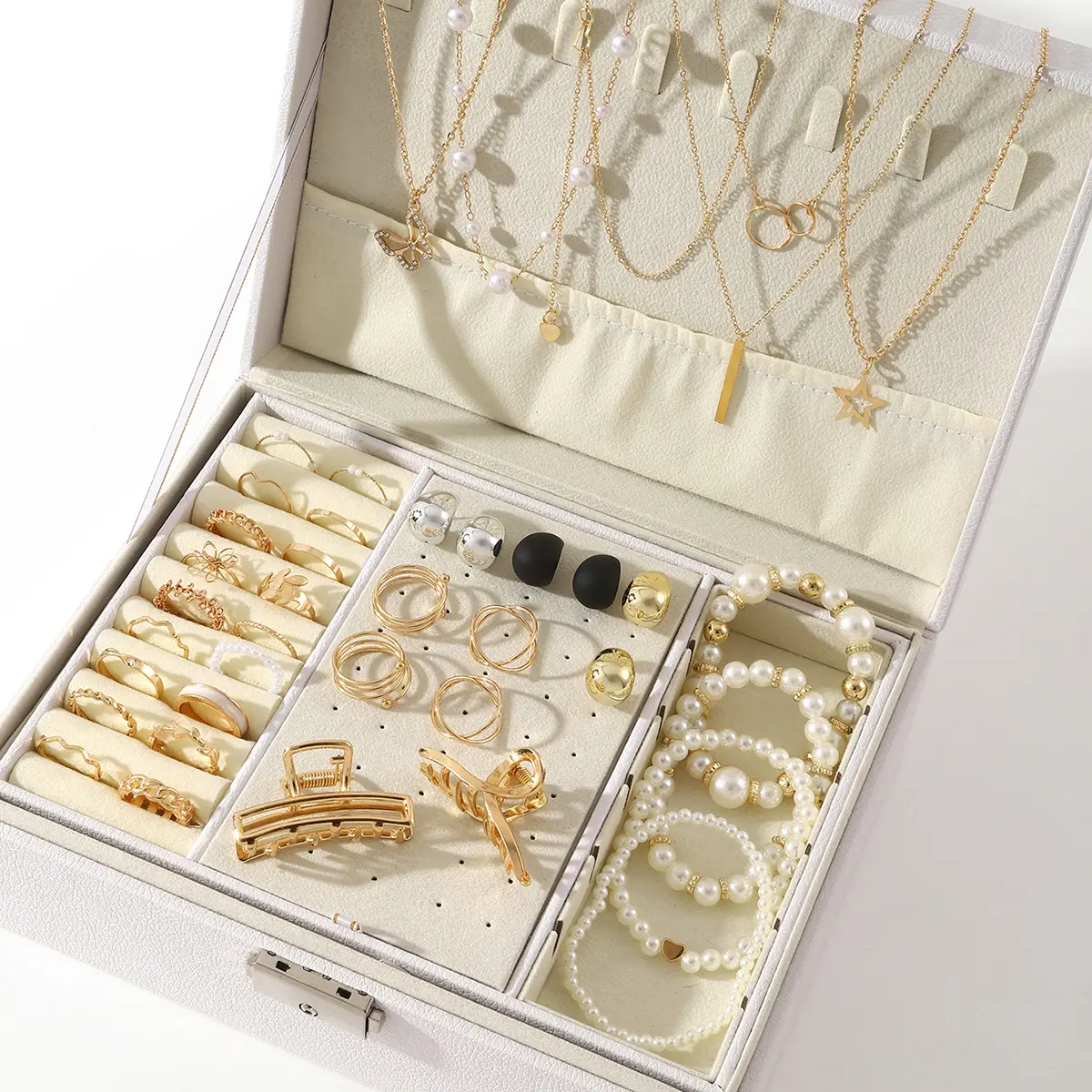 Women's Gold-Plated 39-Piece Beaded Jewelry Set - Stylish Accessories with Butterfly Necklace, Flower Ring, Beaded Bracelet, Earrings, Hair Clip, Artificial Pearl, Necklace Layering Fit for Daily Wear, Parties (Box Not Included)