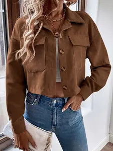 A women's brown Woven buttoned-collar short fitted jacket with a lapel, featuring a simple, elegant and Chic style, is highly versatile and suitable for casual wear.