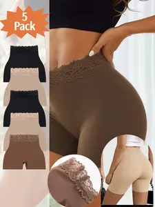 Women's Shapewear Panties, Lace Trim Seamless Briefs, Breathable Ice Silk Underwear, Casual Sporty Everyday Pants, 5 Pcs Set