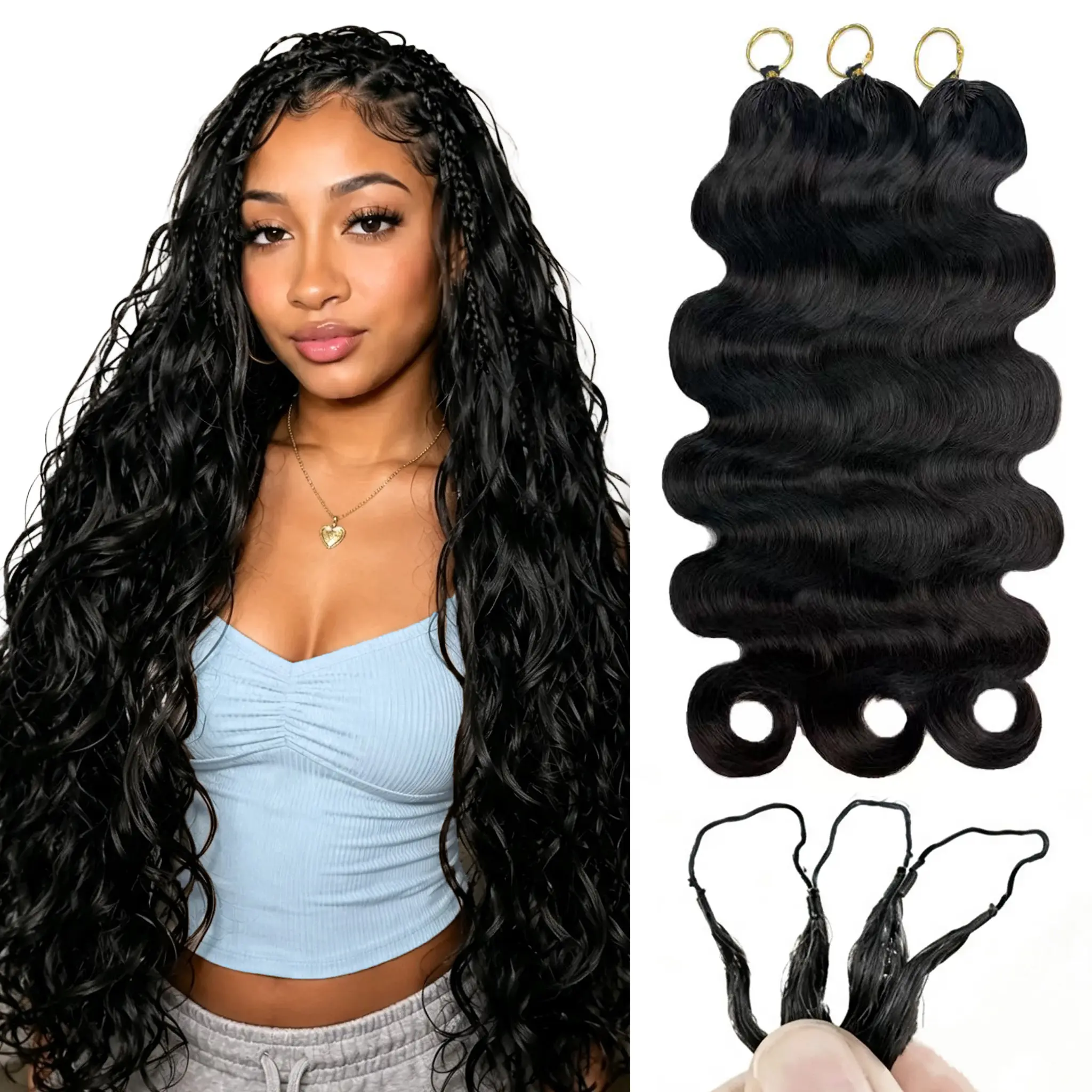 Black Women's Body Wave Remy Human Hair Feather Crochet Extensions, Ramiss Miracle Knot Strand Pack (50g, 40 Strands) – Pre-Separated Hair Weave Extensions for Protective Vacation Hairstyles (4-5 Packs for Full Head)