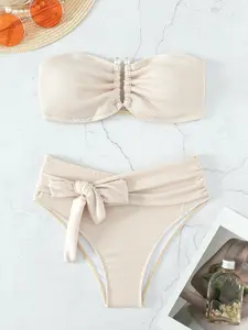 Two-Piece Set Women's Solid Ribbed Bikini Set, Casual Fashion Strapless Swim Top & Knot Front Swim Bottom Two-piece Swimsuit for Beach Holiday Vacation, Ladies Swimwear for All Seasons Swimsuit Style Bikini, Ruched Bikini Bottoms Beach Bathing Suit