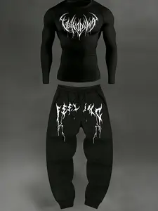 Edgy Gothic Graphic Tracksuit Set, Athletic Activewear Tracksuits - Slim-Fit Compression Long-Sleeve Top & Joggers, Stretch Fabric for Home Gym/Streetwear/Loungewear, Bold White Metal-Inspired Print, Y2K Dark Aesthetic Outfit for Men Athleisure Set