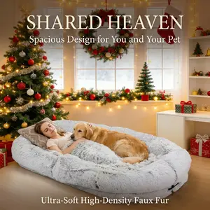 Human Dog Bed for Adult Faux Fur Washable Human Dog Bed Portable Handle, Egg Orthopedic Foam Human Bed Extra Large with Present Blanket Grey