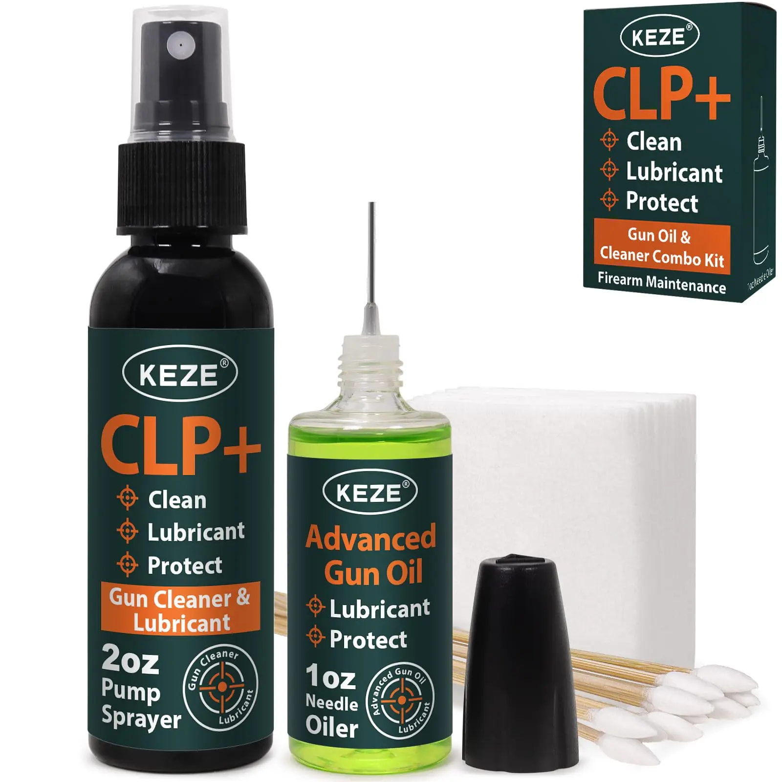 Keze CLP Gun Oil Cleaner Lubricant Kit Combo - 2 oz. Fine Mist Pump Sprayer + 1 oz. Needle Oiler Bottle, Includes Lint-Free Cloth, Cleaning Patches, Swabs, Precise Rust-Preventative Synthetic Solvent Tools for Automotive Engine Maintenance, Includes Patch