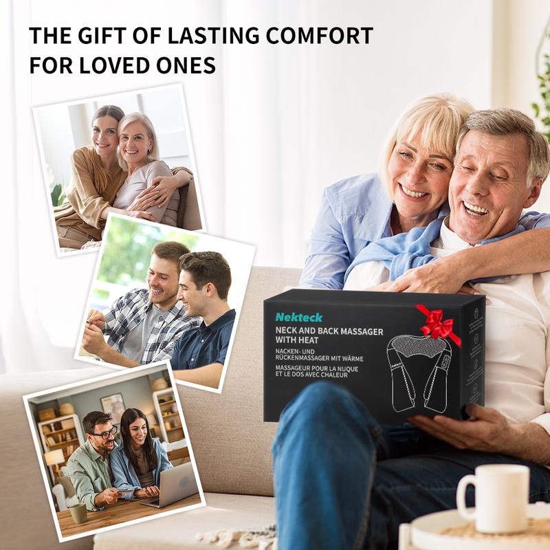 Shiatsu Neck and Back Massager with Soothing Heat, Ergonomic 8 Deep-Kneading Massage Nodes with Heat Electric Shiatsu Back Massager for Neck Shoulder & Body Muscle Relief Portable 12V DC Power Supply - Black