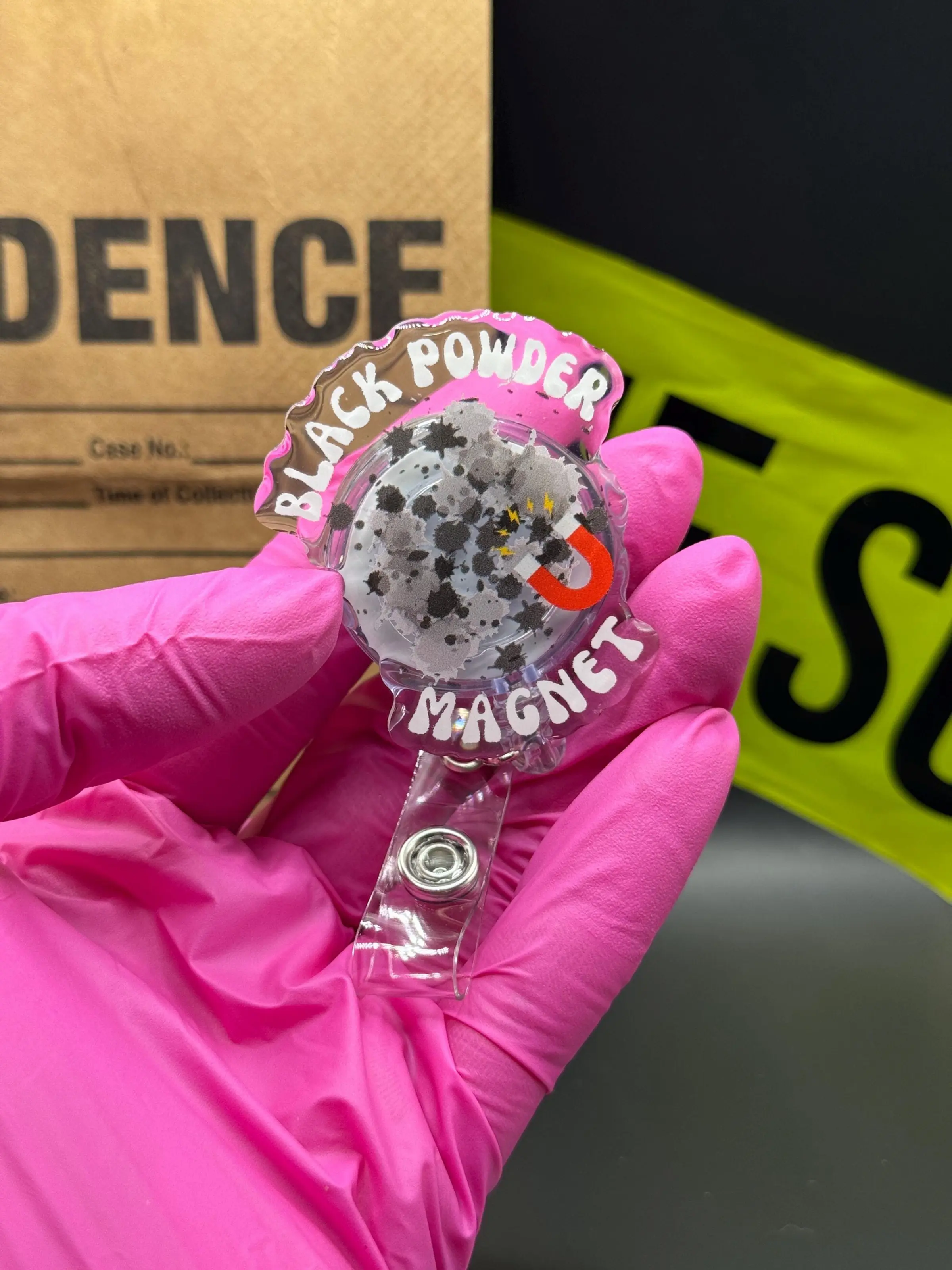 Black Powder Magnet CSI Badge Reel: Acrylic & Resin