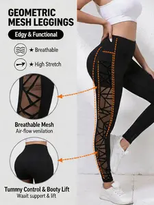 Women's Contrast Mesh Sheer Cut Out Shaping Leggings, Training Leggings Pants, Casual Comfy Breathable Skinny Pants for Yoga Gym Workout, Ladies Bottoms for All Seasons
