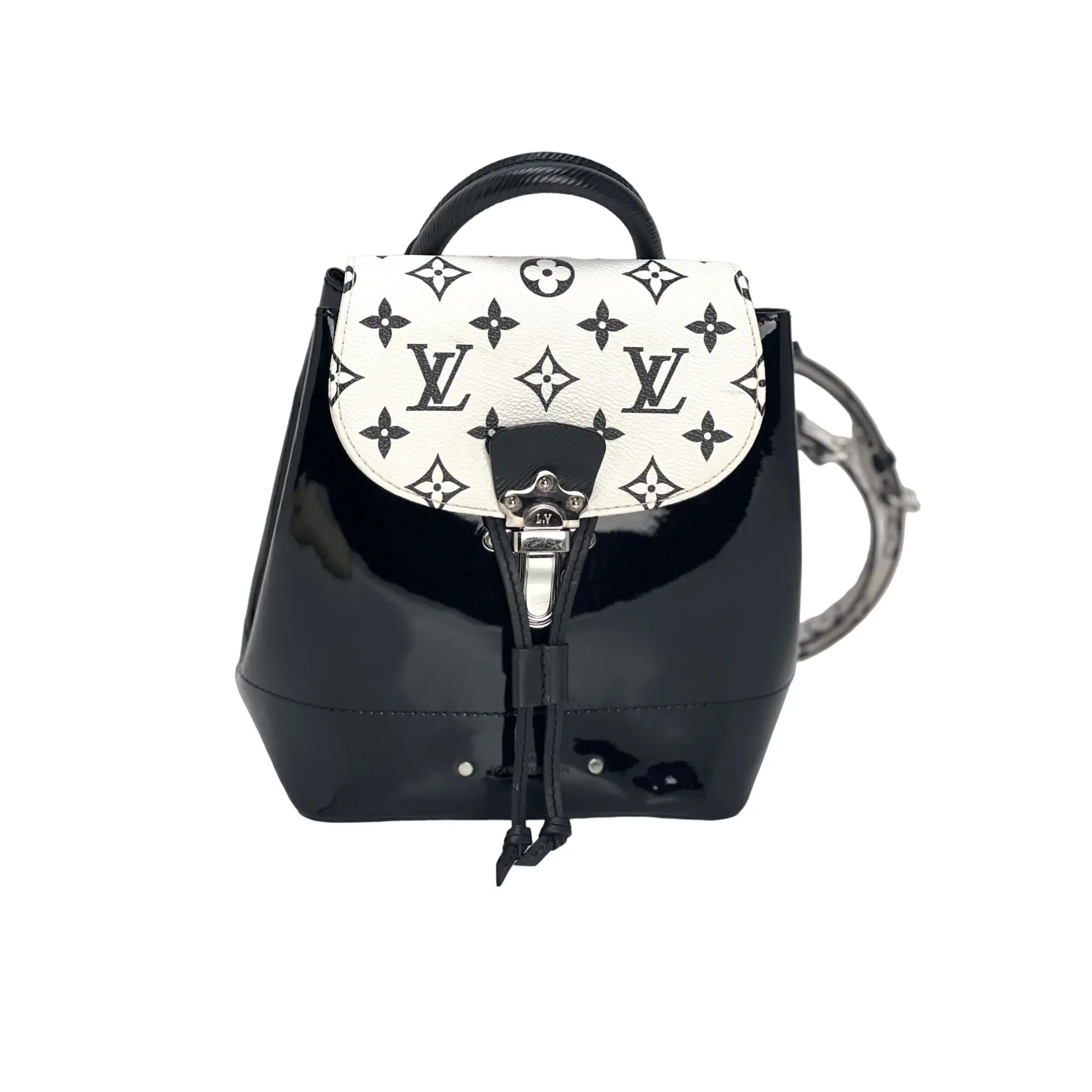 Pre-owned Louis Vuitton Patent leather Backpacks Good White Black Monogram Backpack 8.5 in, Convertible Shoulder/Sling/Crossbody, Adjustable Straps, Includes Dust Bag