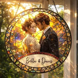 Personalized Stained Glass Suncatcher, Custom Couple Photo Gift, Valentine Wedding Anniversary