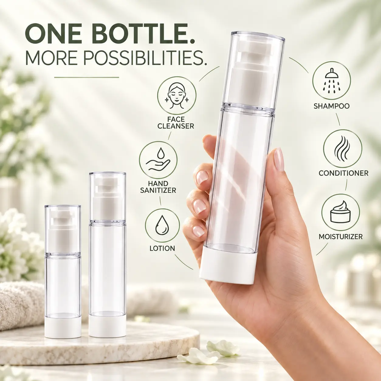 Refillable Airless Pump Bottle30 mL/50ml, 1-Pack/2-Pack Clear Travel Lotion Dispenser with Protective Cap for Cream, Serum, Foundation and Skincare