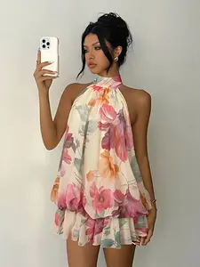 Women's Mini Dress, Chiffon Elegant Casual Wear Chic Lightweight Ruffled Butter Halter Tie Mini Dress, Summer Date Night, Colorful Women's Dress, Womenswear