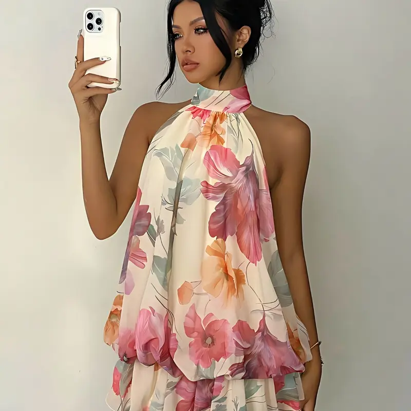 Women's Chiffon Elegant Ruffled Butter Halter Tie Mini Dress, Summer Date Night Wear, Boho Print Dress, Boho Printed Dress