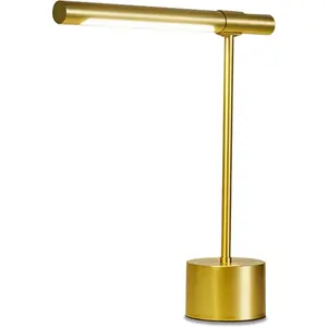 Brass Mid Century Designer Desk Lamp - Modern Gold Bankers Lamp Shade - 18" LED Desk Light - Adjustable Gold Table Lamp