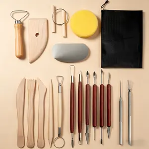 18 piece set of clay sculpture tools with wooden handles, double headed carving knives, soft clay tools, shaping knives, cutting lines, double headed design, texture details, needles, seven needles, clay scrapers, ceramics, DIY clay repair embryos