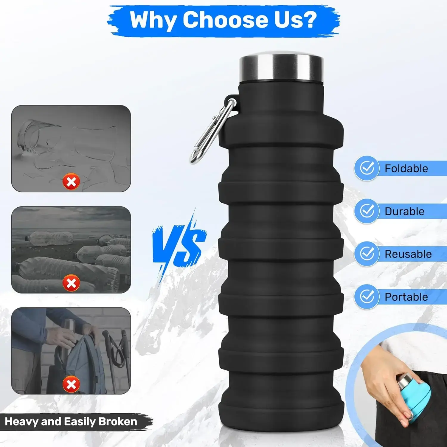 Foldable silicone travel water bottle, lightweight and foldable design, waterproof and leak proof, reusable, is an ideal choice for camping, hiking, cycling, and sports drink bottlesRAIMENTRY Foldable silicone travel water bottle, lightweight and foldable design, waterproof and leak proof, reusable, is an ideal choice for camping, hiking, cycling, and sports drink bottlesRAIMENTRY