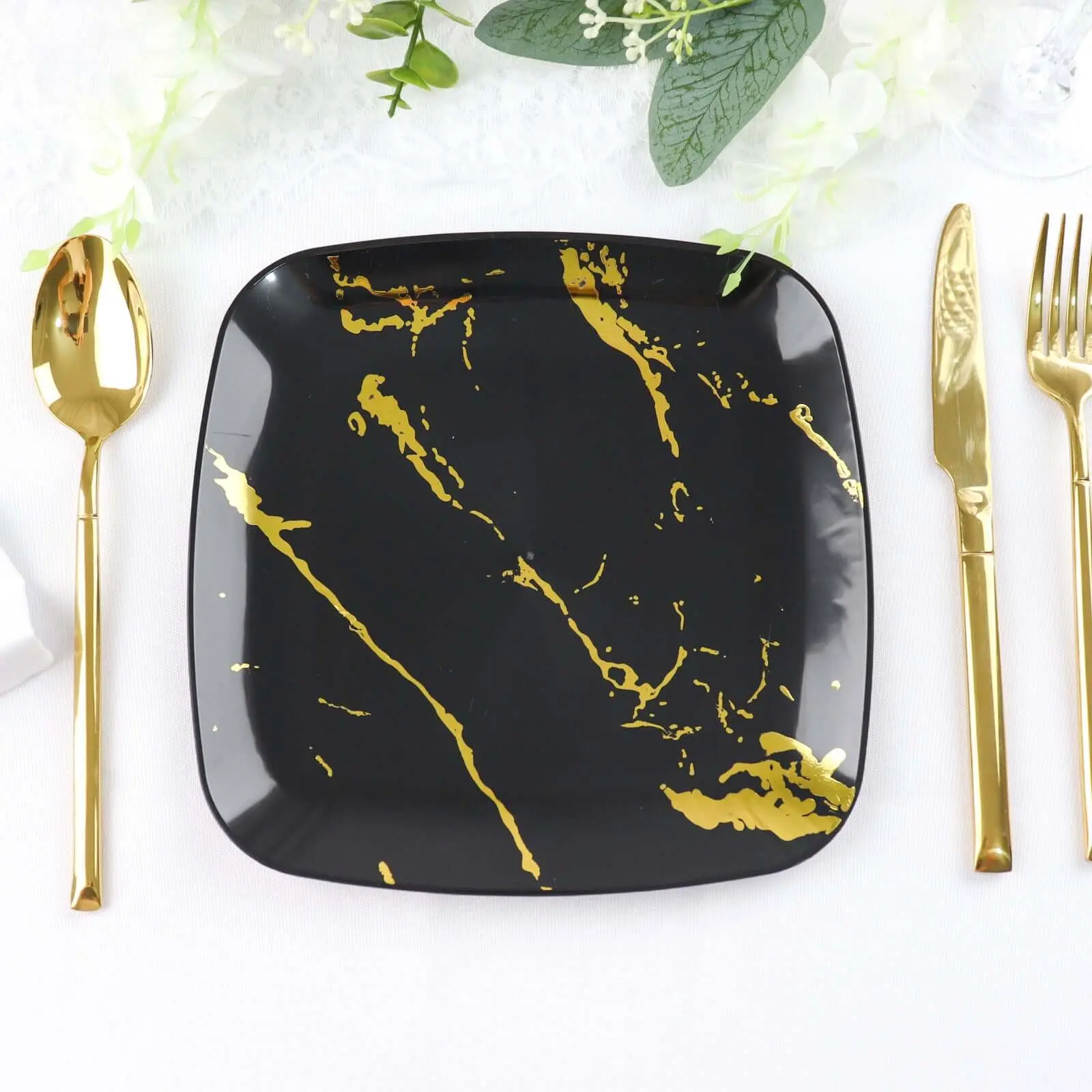8-in Plastic Disposable Square Plates, 10-Pack Black with Gold Marble Design - Individual Pack Dessert Appetizer Plates for Wedding Parties, Plastic Disposable Plates