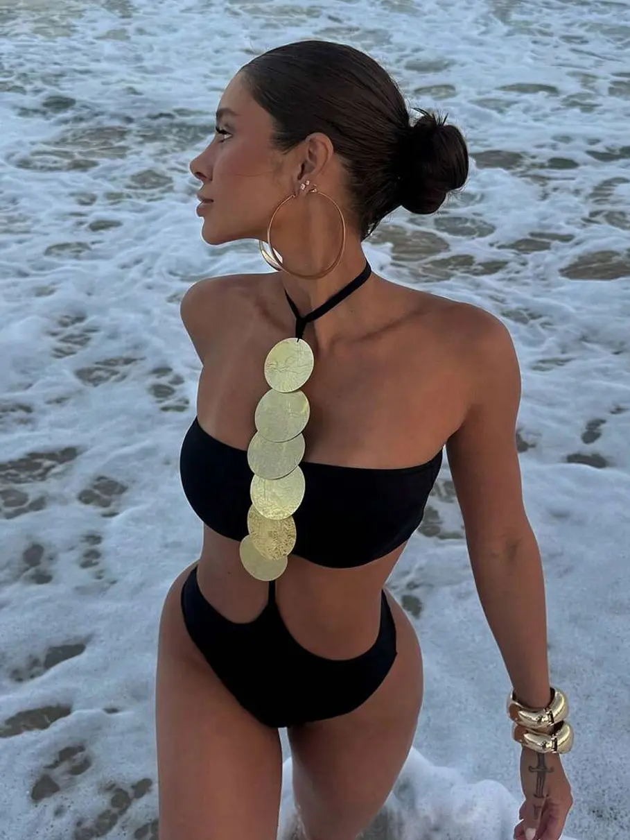 Sexy Women's Metallic Sequined Cutout Halter Neck Black One-Piece Swimsuit Summer Spring 2026 Beach Holiday Outfits,Birthday Outfits For Women
