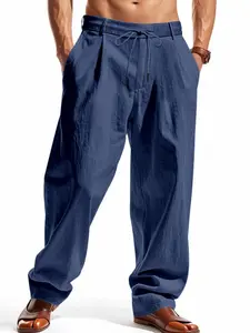 Men's Breathable Linen Blend Pants, Loose Fit, Elastic Waistband, Straight Leg, Ideal for Beach and Vacation Wear, Casual Beach Pants