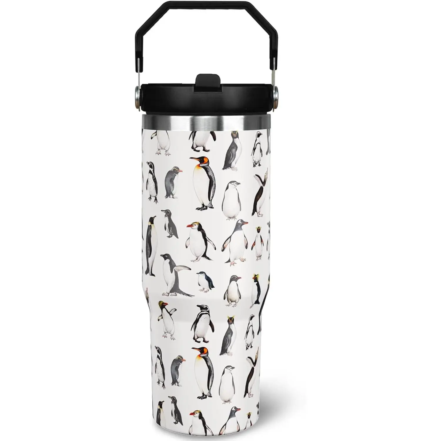 30 oz Printed Penguins Design Double-Wall Vacuum Insulated Stainless Steel Tumbler - Leak-Proof Flask with Handle, Flip Straw - Portable Kitchenware Gift for Home, Office, Fathers Day (Son, Mom, Girlfriend, Best Friends)