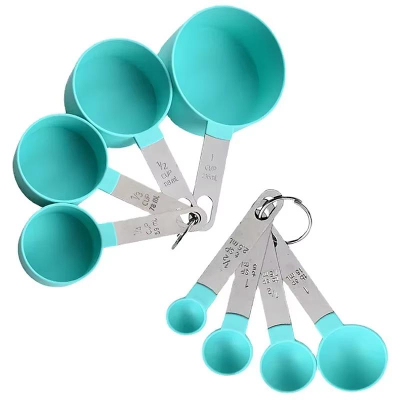 8 Pcs Measuring Cups and Spoons Set, Turquoise Stainless Steel Handle, Kitchen Baking Tools for Cooking, Baking & Coffee, Heavy Duty & Dishwasher Safe