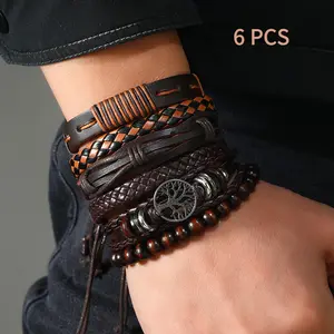 6-Pack Classic Men's Leather Bracelets Vintage Men's Handwoven Tree of Life Multi-Layer Leather Bracelets Adjustable Bangles Gift