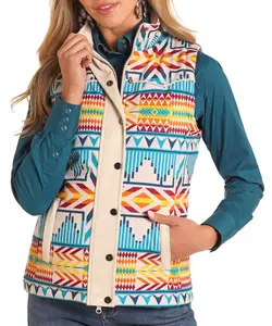 Women's Aztec Softshell Aqua Vest with Microsuede Trim Sleeveless Mock Collar Hip Pockets 2-Way Zip Closure