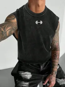 Men's Dumbbell Graphic Vintage Washed Sleeveless Tank Top, Premium Cotton Gym Streetwear Vest, Bodybuilding Fitness Tee, Sleeveless Gym Tops