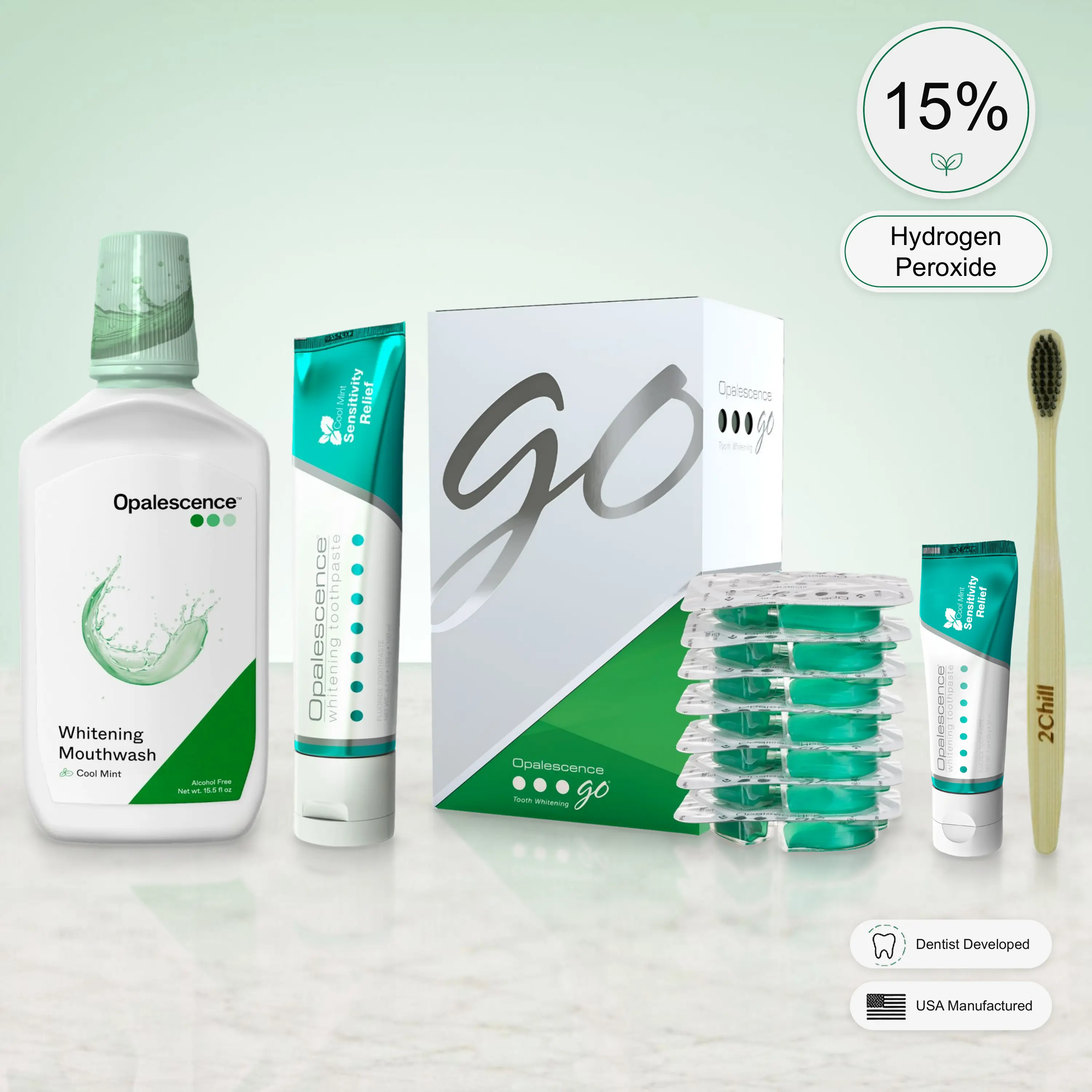 Opalescence Go Teeth Whitening Kit 15% Hydrogen Peroxide 7 Treatments with Sensitive Toothpaste 4.7 oz and 1 oz Travel Size plus Alcohol Free Mouthwash & Toothbrush