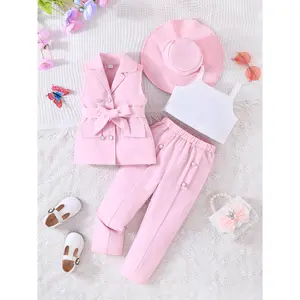 4pcs Girls Suit Elegant Sleeveless Vest + Trousers + Camisole With Hat Set For Daily & Casual & Party