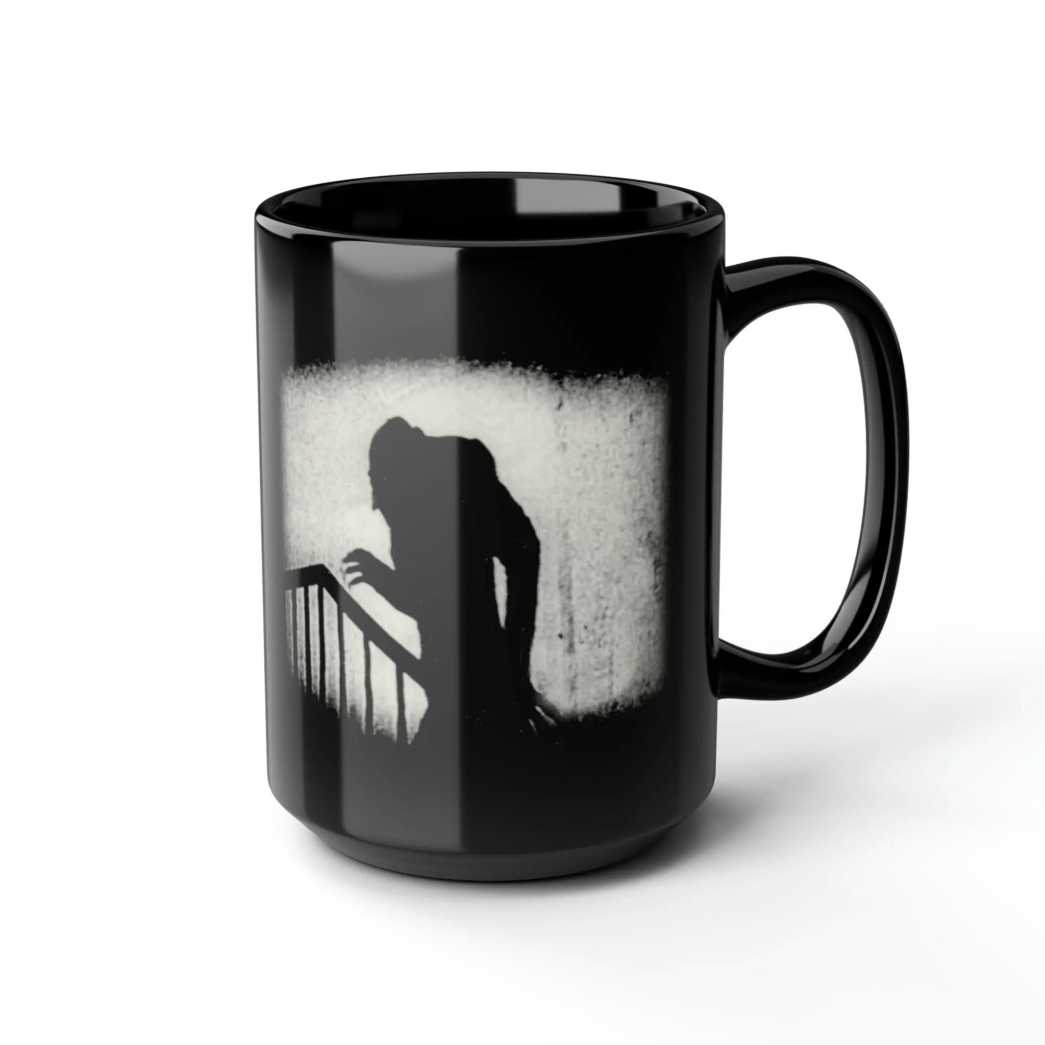 15oz Black Printed Ceramic Nosferatu Shadow Graphic Coffee Mug with Handle - Vintage Horror Vampire Movie Themed Gothic Cup, Goth Kitchen Drinkware Accessory