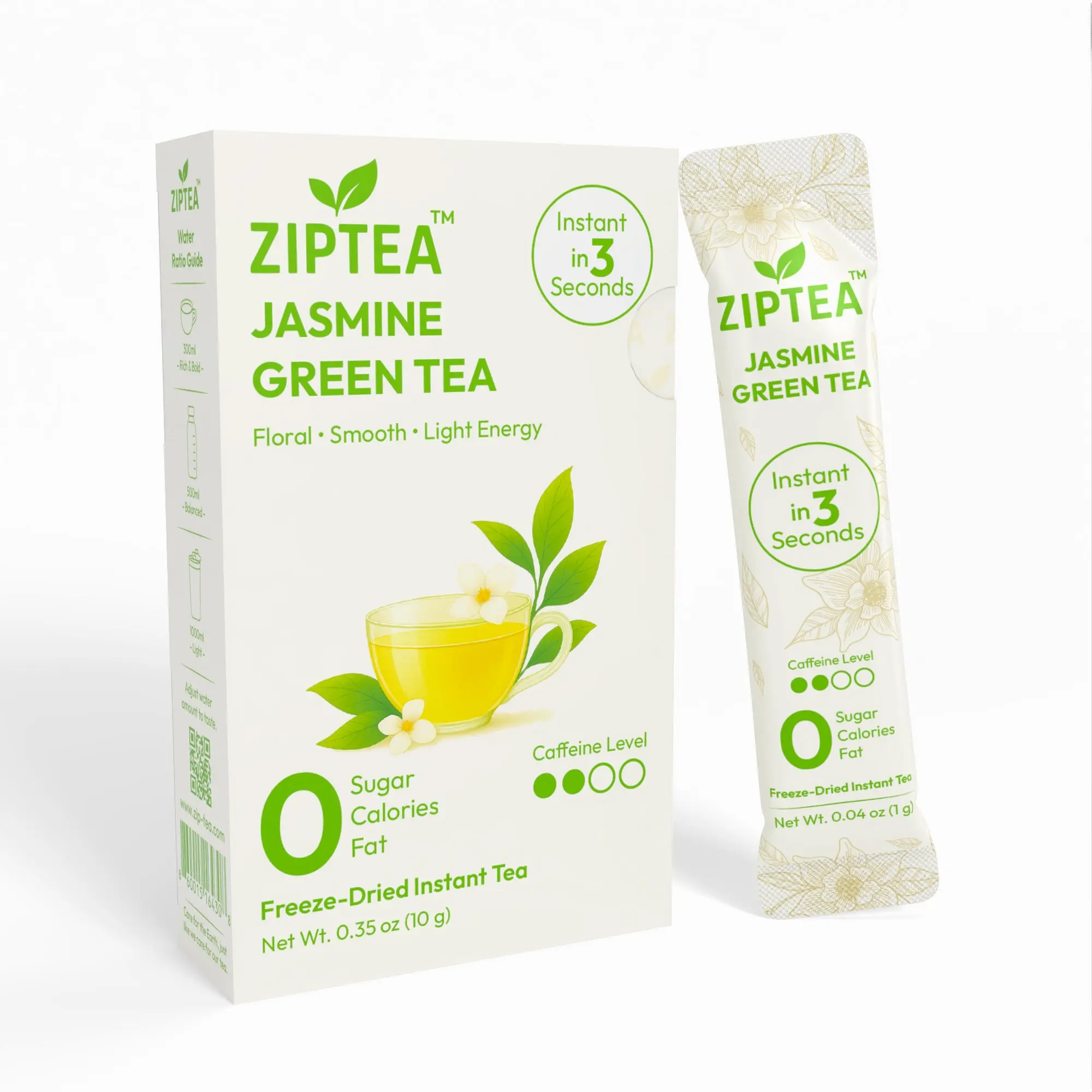 ZIPTEA Jasmine Green Tea, Freeze-Dried Instant Tea, 0 Sugar, 10 Stick Packs for Hot or Cold Preparation