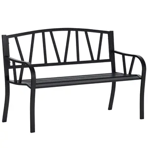 50" Outdoor Bench – Metal Garden Bench with V-Shaped Pattern Backrest. 528 lbs Capacity. Weather-Resistant Powder-Coated Steel. Ergonomic Curved Seat. Black