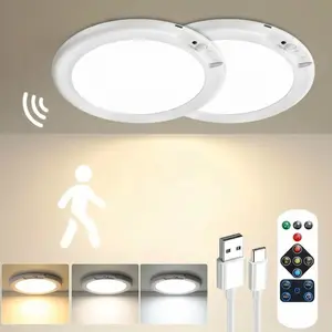 Rechargeable Ceiling Light 2-Pack, 3 Color Modes, Motion Sensor with Remote, Wireless Battery-Operated Magnetic LED Lights for Shower, Closet, Pantry, Shed, Hallway, Porch, Garage