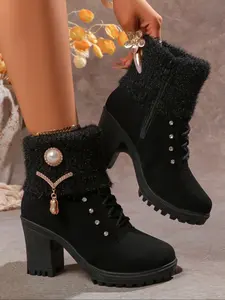 Women's High-Top Warm Waterproof Combat Boots, Fall Winter Anti-Slip Outdoor Shoes, Fleece Lined, Windproof, Casual Daily Wear