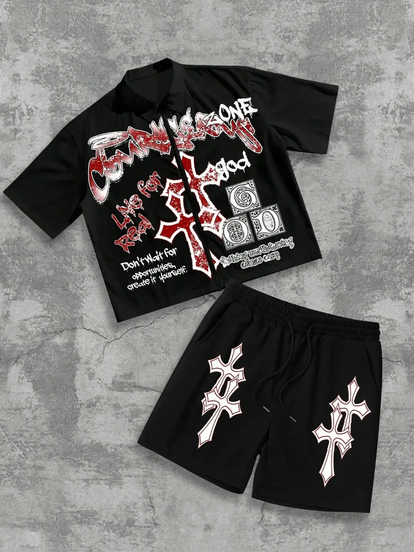 Men's Gothic Cross Graffiti Two-Piece Zipper Set, Breathable Material, Y2K Style, Aesthetic, Casual Daily Wear, Festival Suitable, Menswear