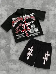 Men's Gothic Cross Graphic Graffiti Two-Piece Zipper Set, Breathable Material, Y2K Aesthetic Style, Casual Daily Wear, Festival Suitable