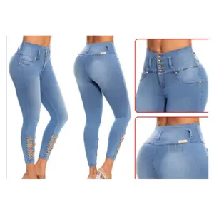 Light Blue Stretch Jeans with Gold Diamond Ankle Cut-out