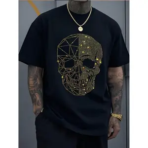 Oversized Streetwear Graphic Skull Rhinestone Tee Vintage Washed Look Soft Cotton Short Sleeve Crewneck Shirt for Summer Night Out